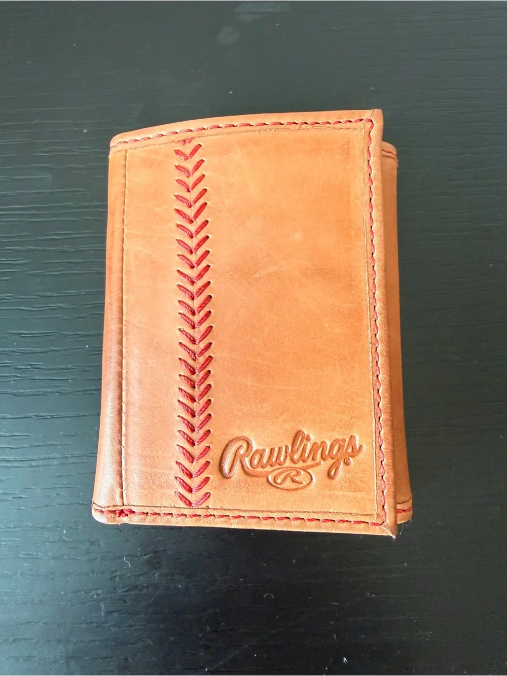 Rawlings Tan Leather Trifold Wallet with Red ID Window